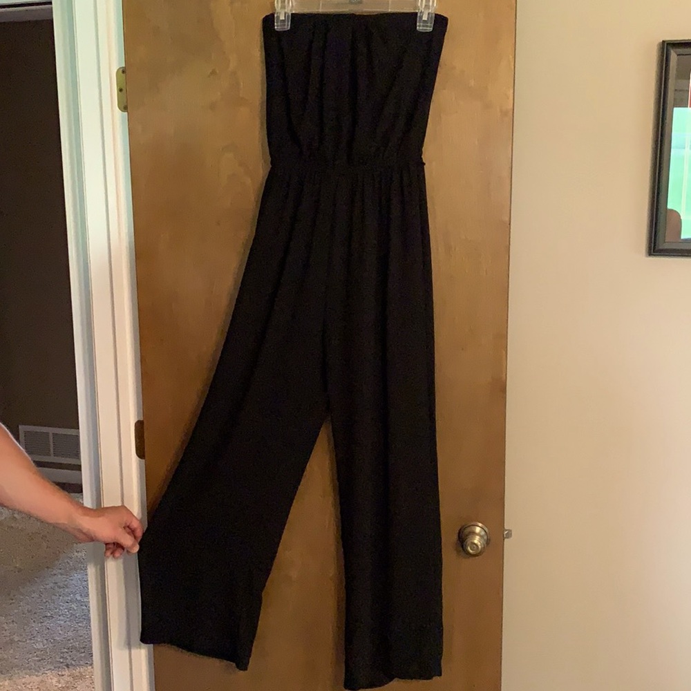 Long black wide leg romper.